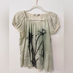 SHOULDER 100% Silk Blouse | Sage Green Abstract Print | Size P (Small)